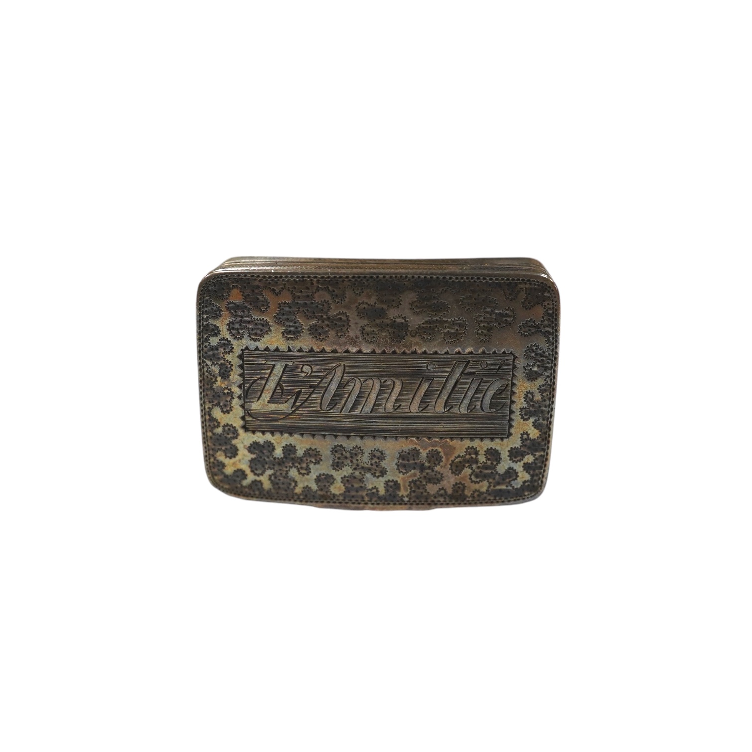 A George III silver concave vinaigrette, by Joseph Wilmore, Birmingham, 1812, 34mm, engraved 'L'Amitie'. Condition - poor to fair